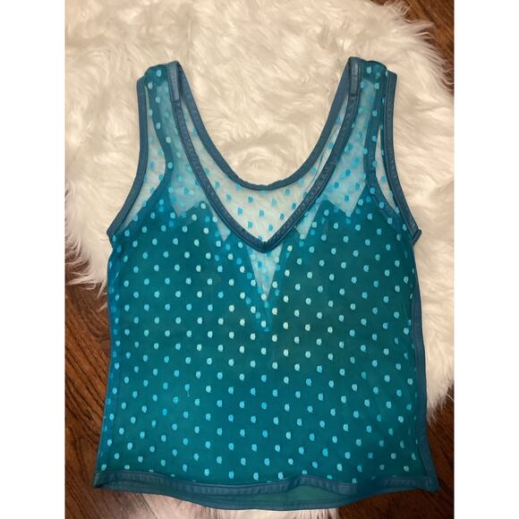 Awesome Teal Blue Cut Leather Sheer Mesh Back Rocker Vintage Sleeveless Top M - Picture 3 of 6